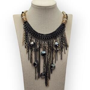 Black Faceted Bead Chain Fringe Statement Necklace – Edgy Dark Glam Gothic